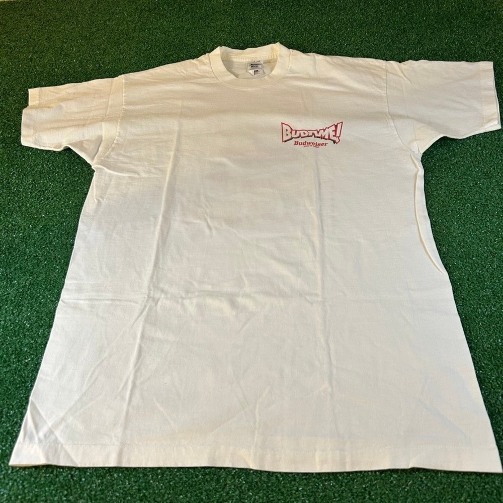 Vintage‎ Budweiser Graphic T-Shirt Bud Me! Beer Logo Fruit of the Loom Mens XXL